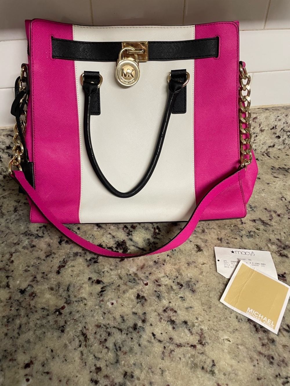 Michael Kors Hamilton Stripe Canvas and Leather Tote large Barbie purse bag